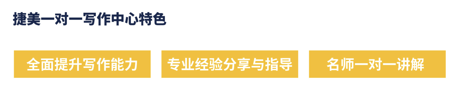 捷美一对一写作中心特色：全面提升写作能力、专业经验分享与指导、名师一对一讲解